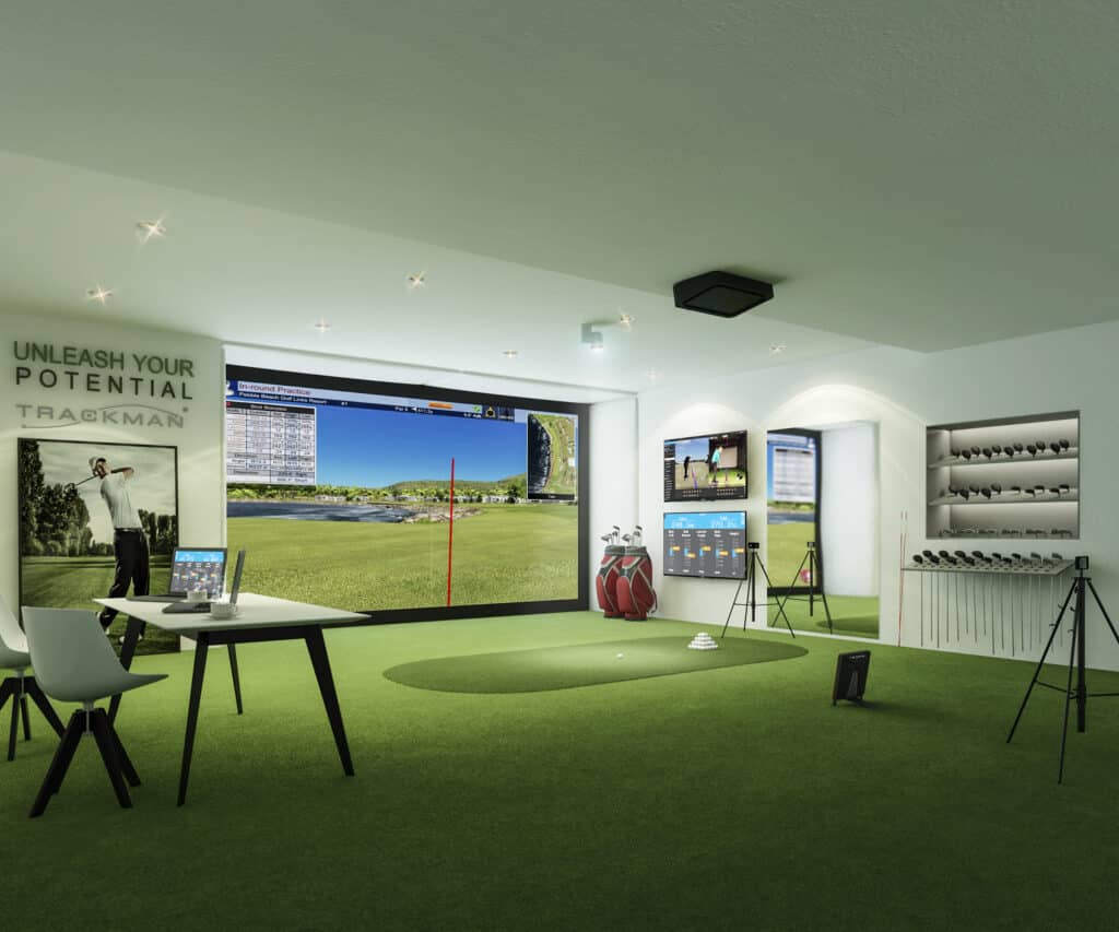 Image of an indoor golf simulator with TrackMan launch monitor.
