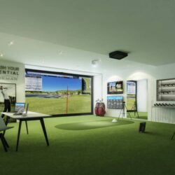 Image of an indoor golf simulator with TrackMan launch monitor.