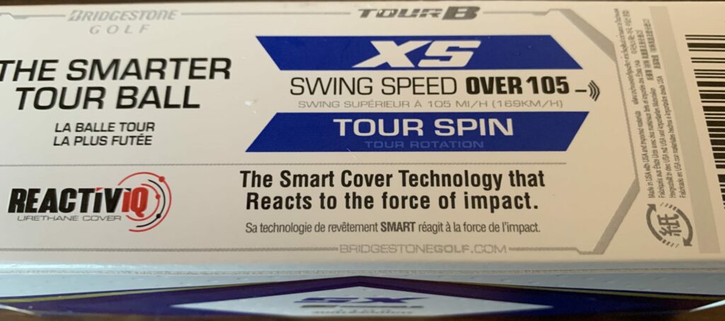 Bridgestone Tour B XS Golf Ball Sleeve showing the swing speed recommendation from the manufacturer.