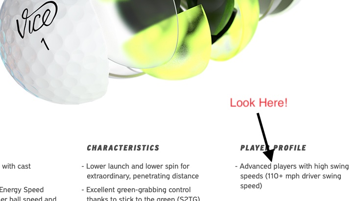 Snapshot from Vice Golf showing swing speed recco.