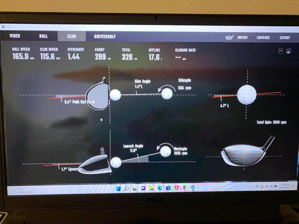 Laptop screen displaying club and ball data from a shot. 326 yards total distance with 165.9 ball speed.  1.7 degree launch angle and out to in path.