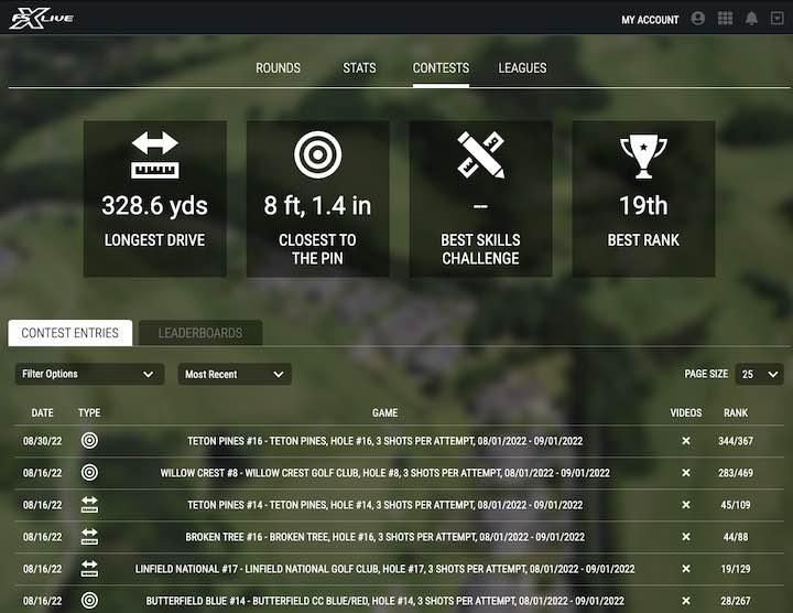 FSX Live account dashboard showing contests for longest drive and closest to the pin.