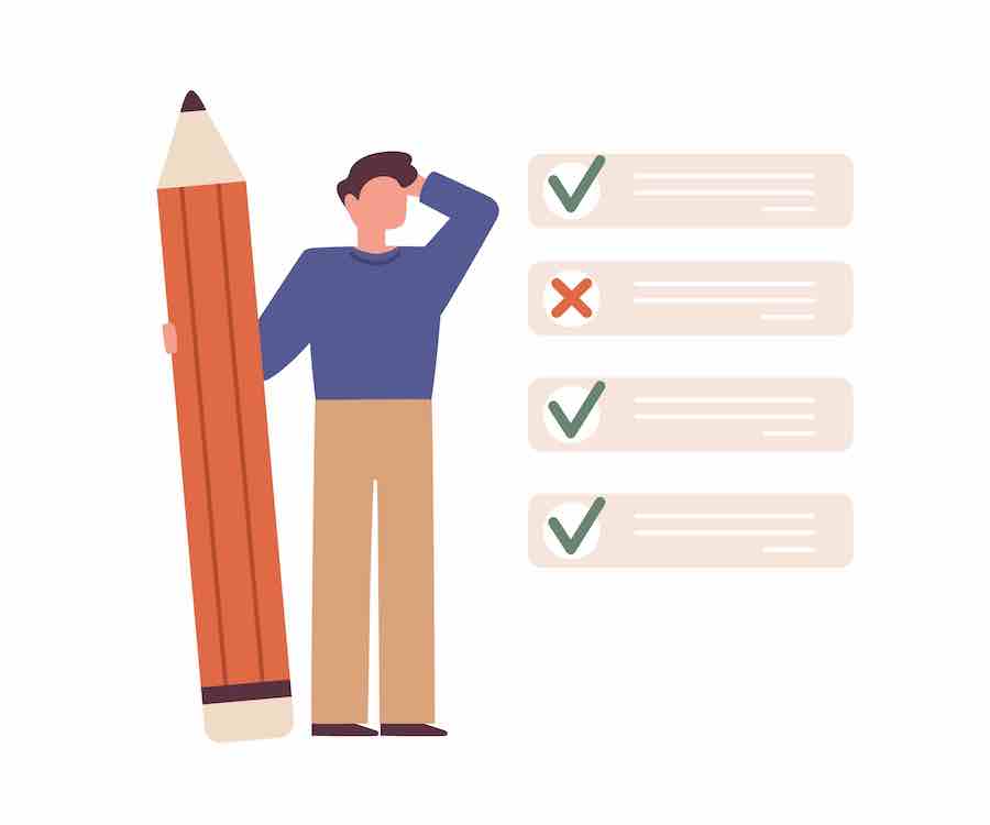 Cartoon man holding a giant pencil with checkboxes next to him in a checklist format.