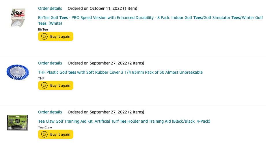 Amazon order history with BirTee golf tees, THF Plastic Golf Tees, and Tee Claw tees.