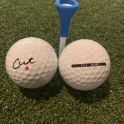 Cut golf balls review, two cut golf balls with a golf tee.