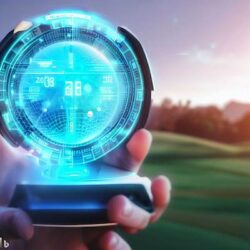Futuristic golf rangefinder with hologram.