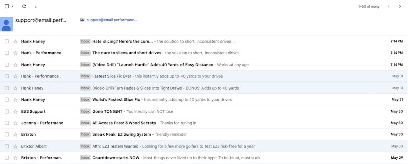 Snippet of email inbox with steady flow of emails from performance golf.