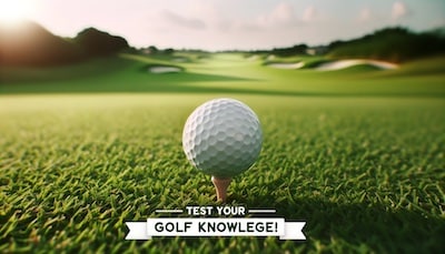 Golf trivia cover photo - golf ball zoomed in on a tee with wording underneath "test your golf knowledge"