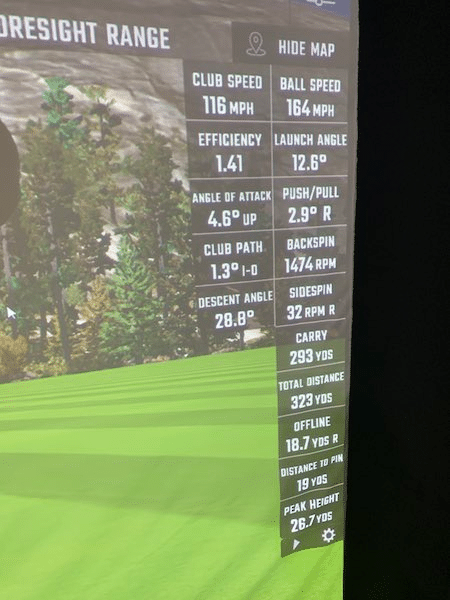 Srixon Soft Feel tee shot on simulator showing ball speed, carry distance, ball flight, and spin.