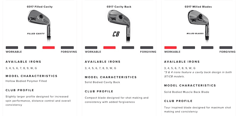 Comparison of all three PXG 0317 Irons, including the 0317 T, Cavity Back, and Milled Blades.