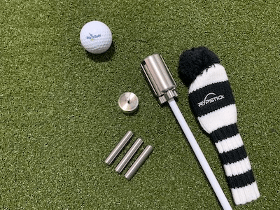 Rypstick with weights, Rypstick head cover, counterweight, and bigteesgolf logo ball