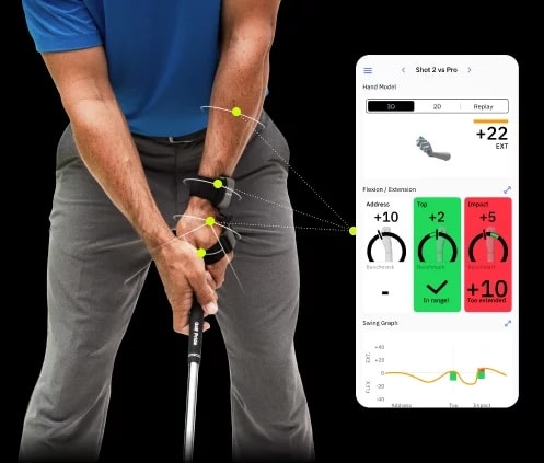 Hackmotion sensor on a golfer with smartphone app recording data.