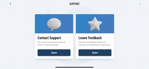 Screenshot of customer support section of the HackMotion App