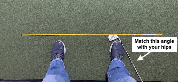 Diagnosing cause of swaying in the golf swing using a 6-Iron and alignment rod. Image has a caption instructing the reader to "match this angle with your hips"