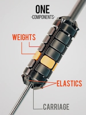 One Club Trainer Product overview with weights, elastics, and carriage.